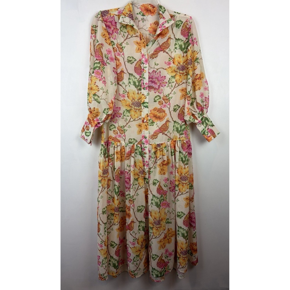Maxi Dress Womens Medium Chiffon Floral Dropped Waist Romantic Boho Prairie